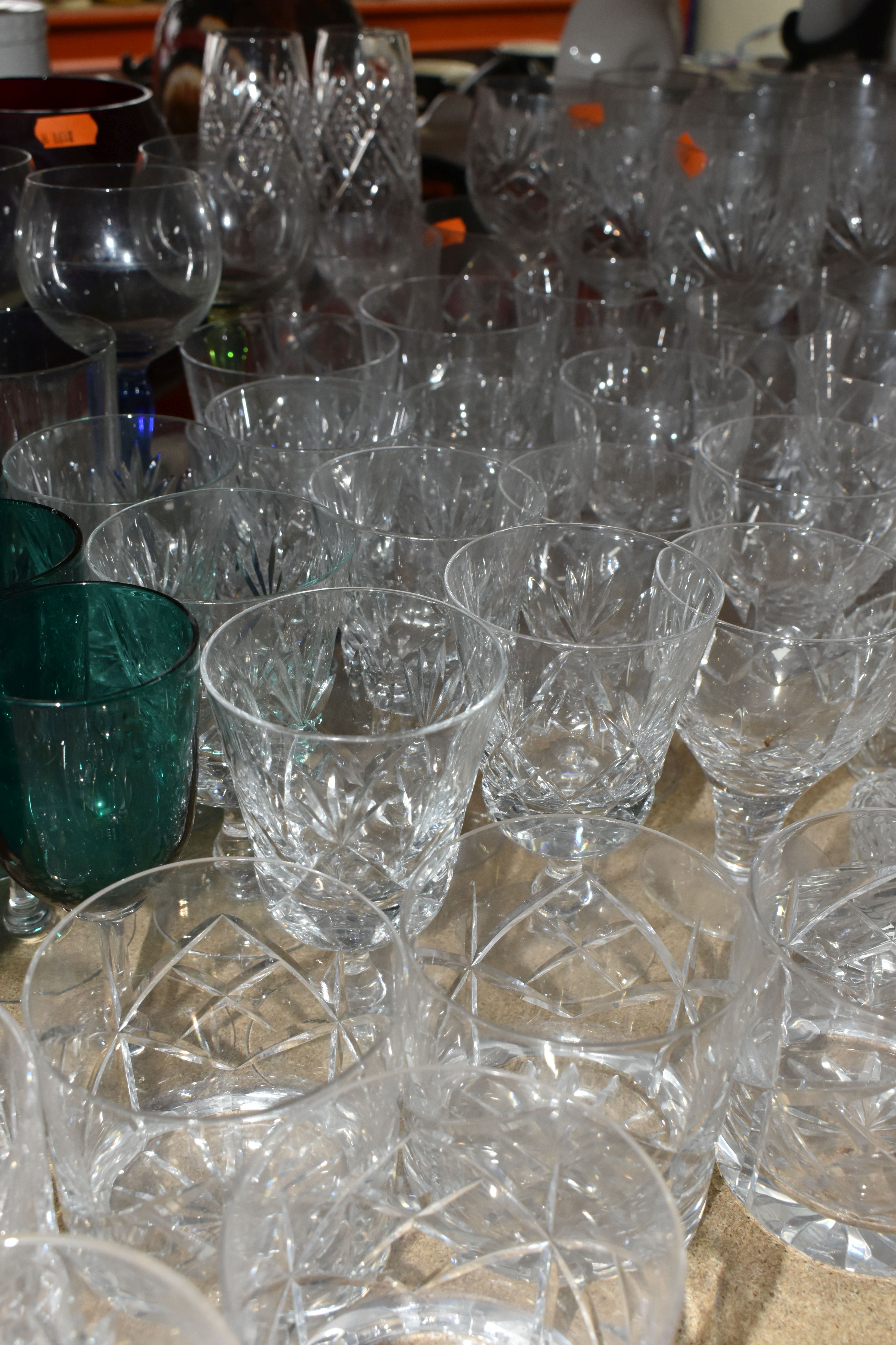 A LARGE SELECTION OF CRYSTAL CUT GLASS AND COLOURED GLASS VESSELS, including two sets of Tudor - Image 7 of 9