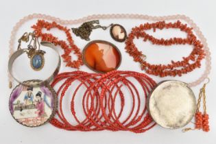 A COLLECTION OF WHITE METAL CORAL, GLASS BEAD AND GEM-SET JEWELLERY, to include an expandable red