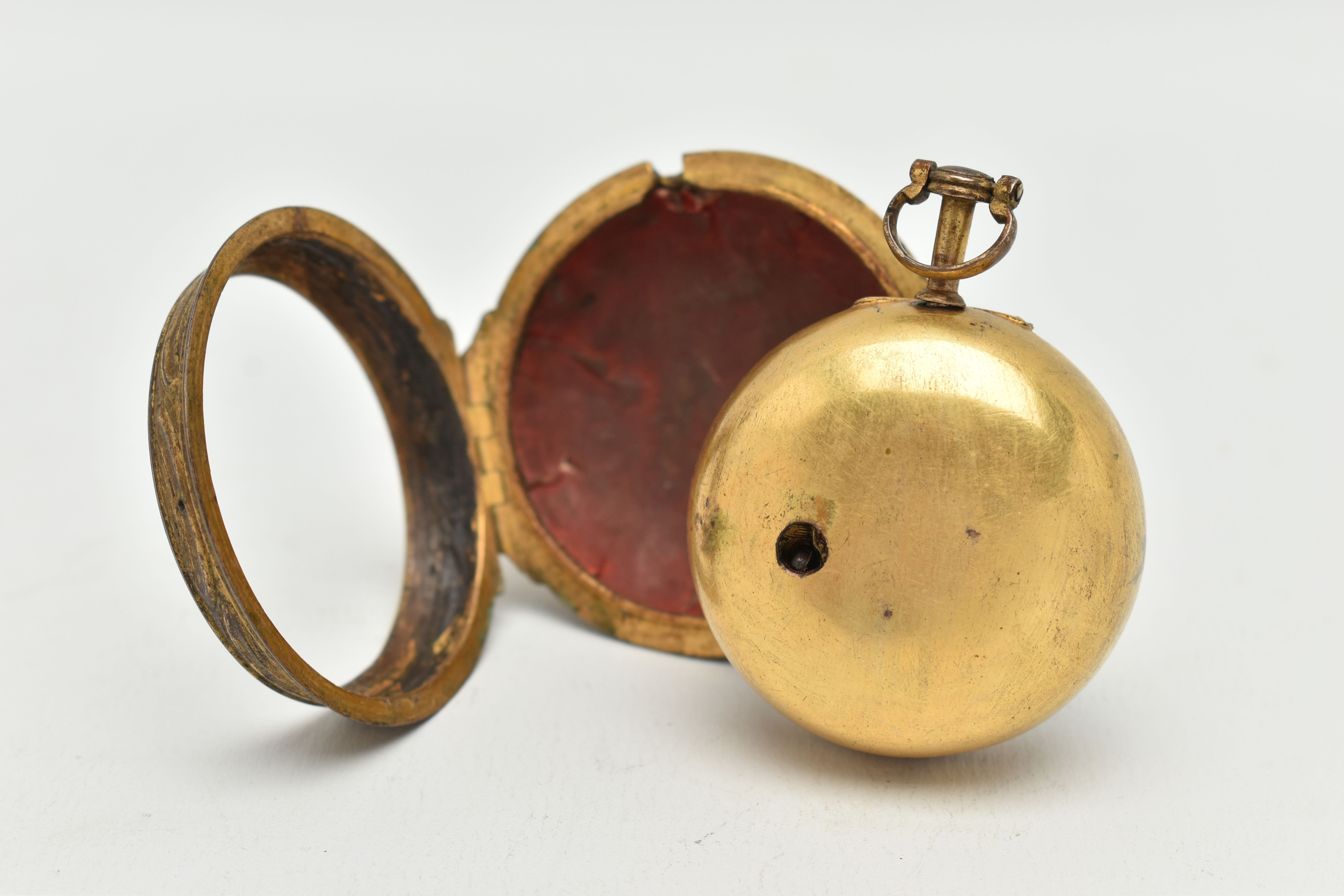 A GILT METAL PAIR CASE, OPEN FACE POCKET WATCH, key wound, round white dial, Roman numerals, missing - Image 4 of 7