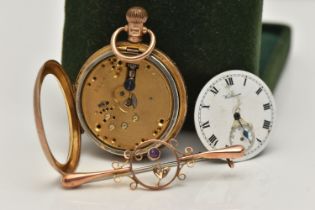 A ROSE METAL BAR BROOCH AND A LADIES POCKET WATCH, the brooch depicting a flower set with a circular