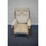 A CREAM UPHOLSTERED ARMCHAIR, with a beech frame (condition report: ideal for a clean, general signs