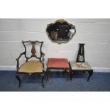AN EDWARDIAN MAHOGANY AND INLAID CHAIR, with splat back, open armrests, on front cabriole legs,