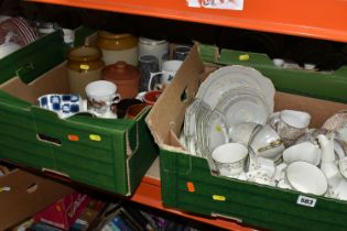 FIVE BOXES OF CERAMICS, including a Johnson Brothers 'Eternal Beau' tea set, a 'Colclough' tea