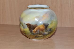 A ROYAL WORCESTER POSY VASE, decorated with Highland cattle, signed H. Stinton, shape No. G161, puce
