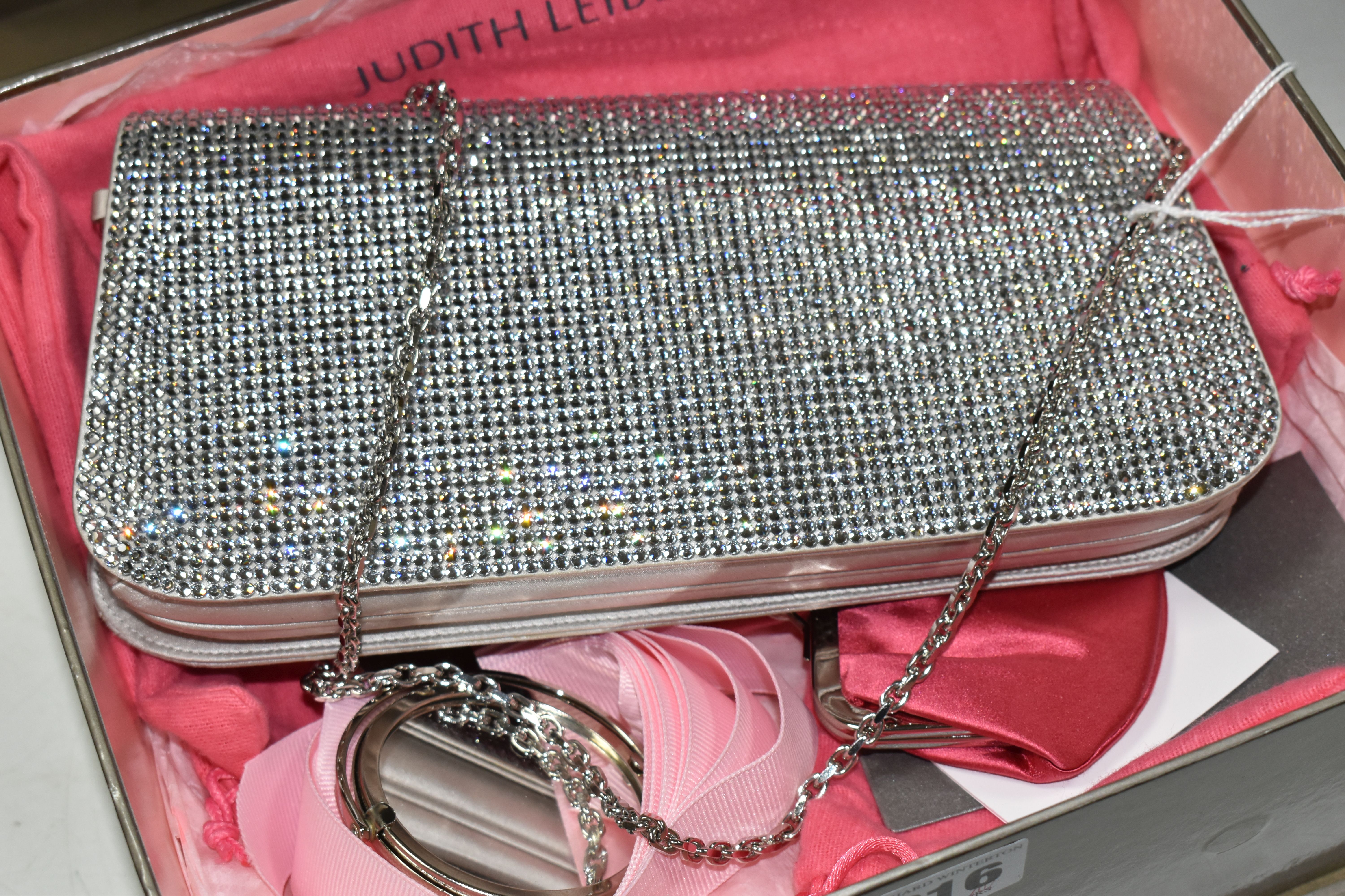 A BOXED JUDITH LEIBER DOUBLE SIDED SILVER DIAMANTE BAG, with grey satin exterior and pink satin - Image 5 of 9