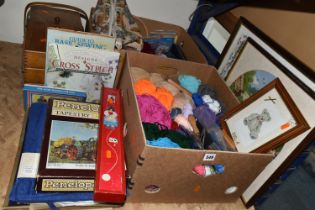 TWO BOXES AND LOOSE KNITTING AND OTHER NEEDLEWORK ITEMS, to include a quantity of yarn, knitting