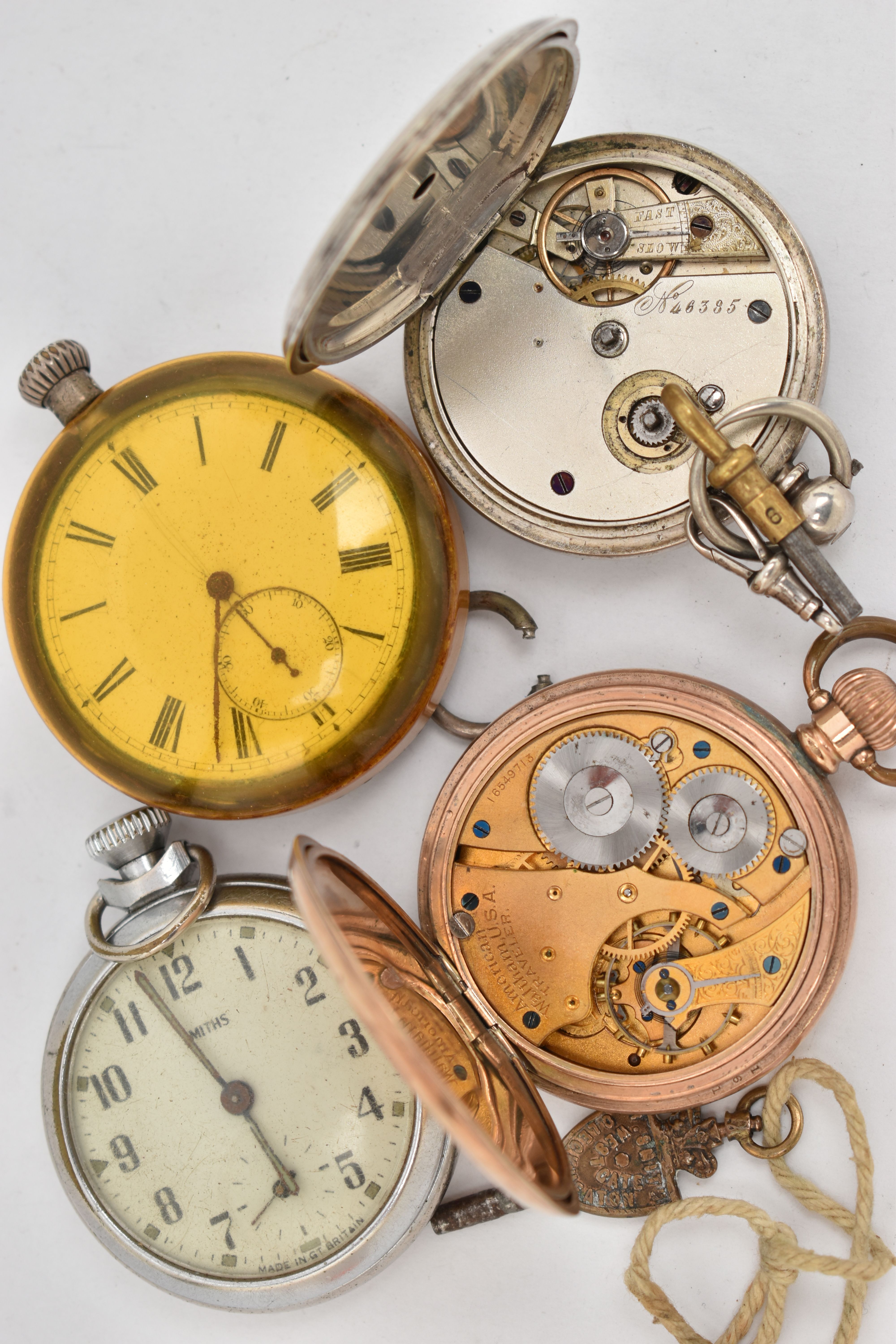 FOUR POCKET WATCHES, to include a gold plated open face pocket watch, manual wind, round white - Image 3 of 3