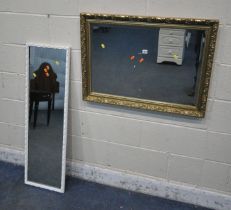 A MODERN GILT FRAMED BEVELLED EDGE WALL MIRROR, 84cm x 61cm, and a painted rectangular mirror (