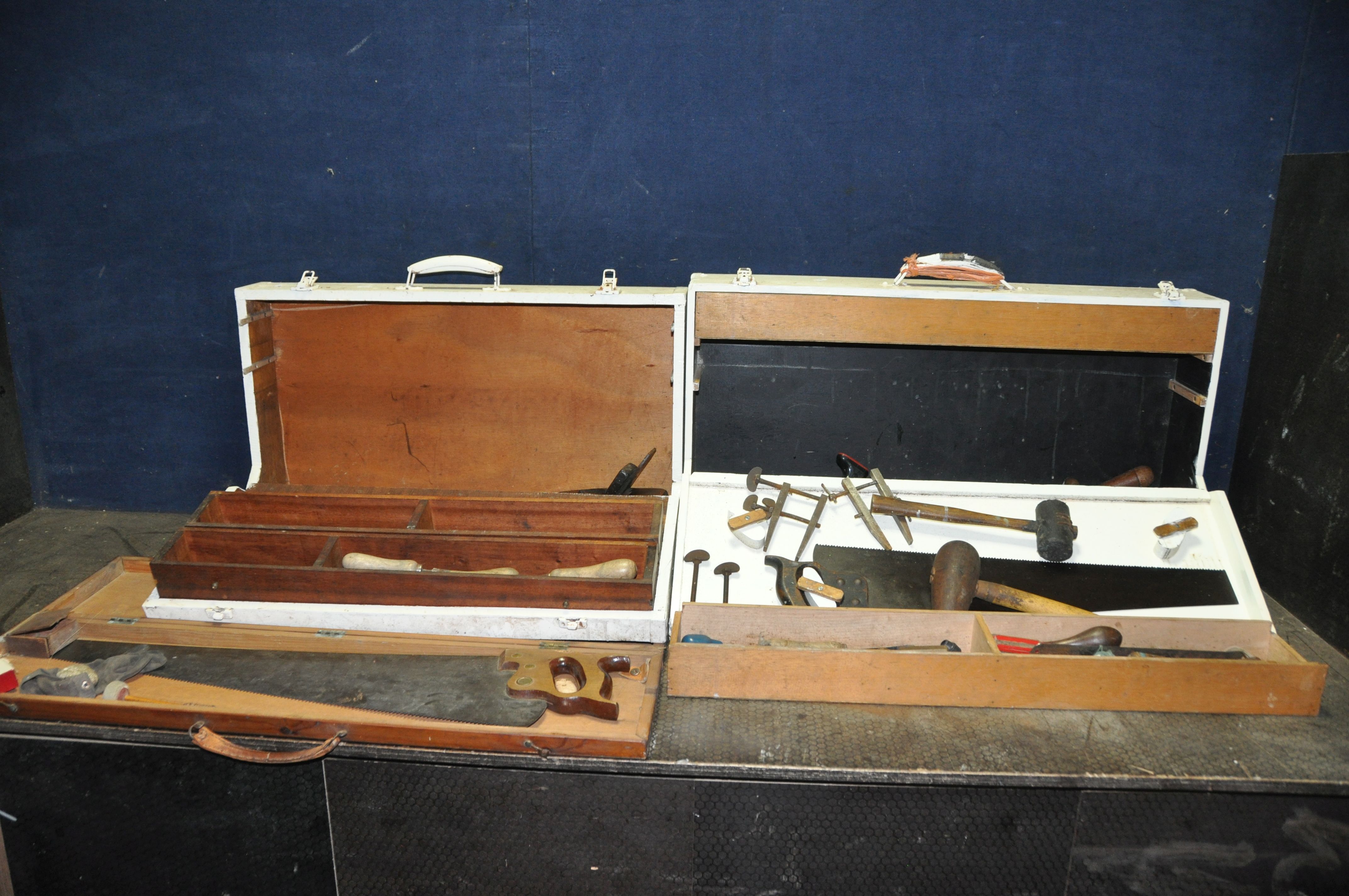 TWO WOODEN CARPENTERS TOOLBOXES CONTAINING TOOLS including a boxed saw, toolmakers clamps, files,