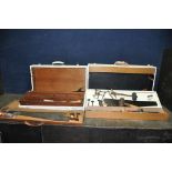 TWO WOODEN CARPENTERS TOOLBOXES CONTAINING TOOLS including a boxed saw, toolmakers clamps, files,