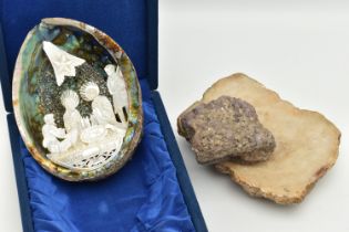 A CARVING AND NATURAL SPECIMENS, a cased abalone shell with a carved mother of pearl nativity scene,