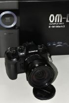 A BOXED OLYMPUS OM-D E-M1 MARK II WITH 12-40MM F2.8 ZOOM LENS, together with an Olympus battery