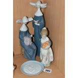 THREE LLADRO FIGURES AND A LLADRO PIN DISH, comprising Time to Sew no. 5501, sculptor Jose Puche,