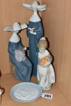THREE LLADRO FIGURES AND A LLADRO PIN DISH, comprising Time to Sew no. 5501, sculptor Jose Puche,