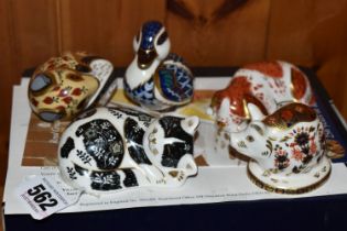 FIVE ROYAL CROWN DERBY PAPERWEIGHTS, comprising two boxed Royal Crown Derby Collectors Guild
