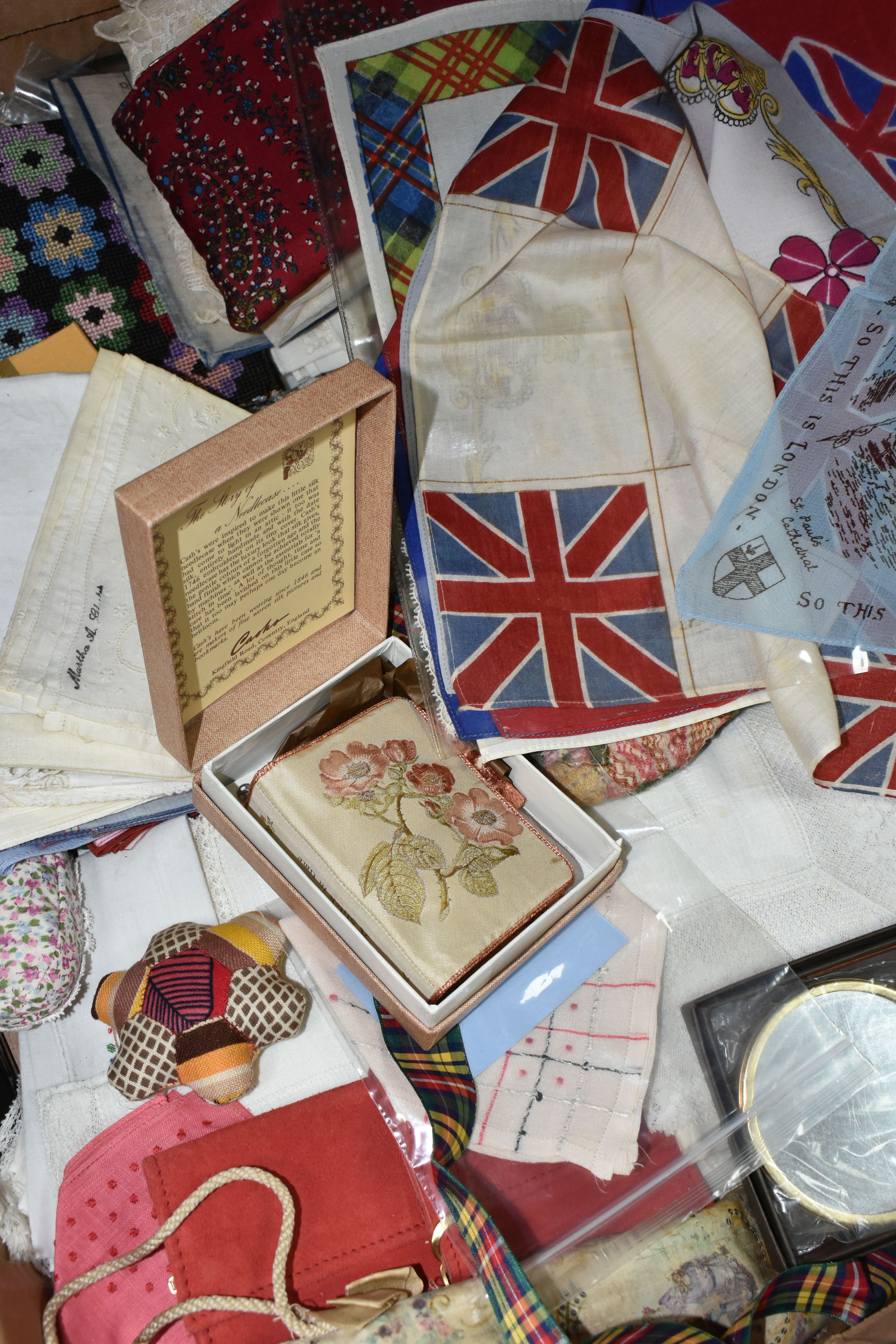 ONE BOX OF VINTAGE HANDKERCHIEFS, EMBROIDERY KITS, AND SNAKE SKIN HANDBAGS, with a large - Image 5 of 6