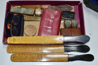 A BOX OF VICTORIAN COLLECTABLES, including four treen page turners / paper knives, all printed to