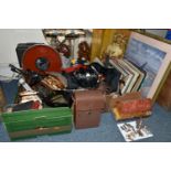 TWO BOXES AND LOOSE MISCELLANEOUS SUNDRIES, to include a spelter bust, copper kettle, a children's