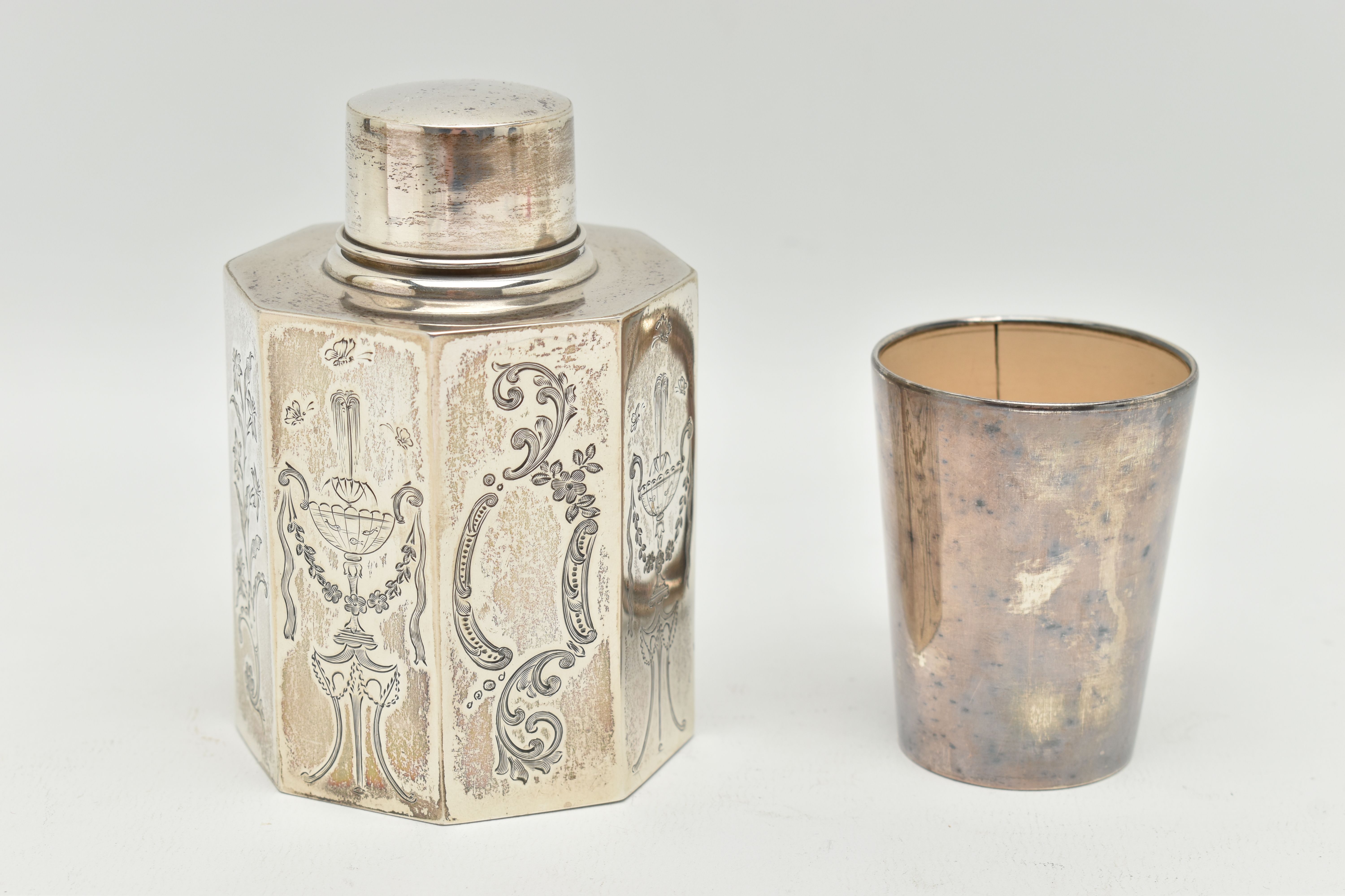 A SILVER TEA CADDY AND A SILVER TRAVEL CUP, the octagonal tea caddy with engraved decoration - Image 2 of 5