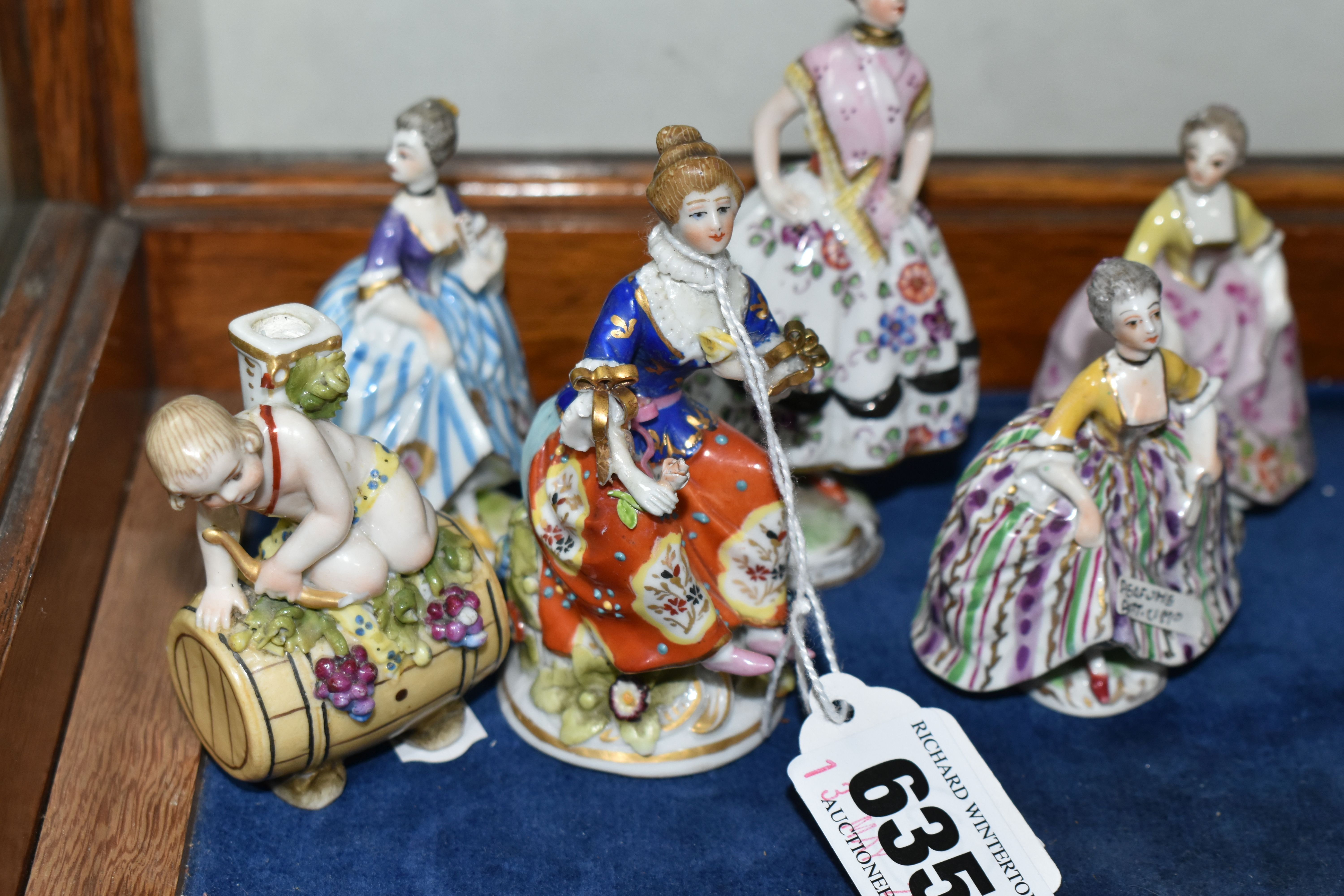SIX 19TH AND 20TH CENTURY FIGURAL PORCELAIN SCENT BOTTLES, comprising Sitzendorf example of a female - Image 3 of 6