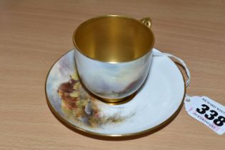 A ROYAL WORCESTER CABINET CUP AND SAUCER BY HARRY STINTON, painted with Highland cattle, each