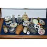 A COLLECTION OF FOURTEEN GLASS, CERAMIC AND MOTHER OF PEARL SCENT FLASKS AND A MODERN LIMOGES BOX