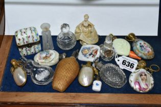 A COLLECTION OF FOURTEEN GLASS, CERAMIC AND MOTHER OF PEARL SCENT FLASKS AND A MODERN LIMOGES BOX