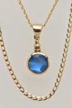 A 9CT GOLD GEM SET PENDANT AND CHAIN, the circular pendant set with a blue sheen cabochon,