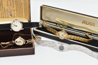 FOUR LADIES WRISTWATCHES, the first a hand wound movement, round dial signed 'Longines' baton
