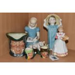 FOUR ROYAL DOULTON FIGURES AND THREE CHARACTER JUGS, comprising 'Alice' HN2158, 'Make Believe'