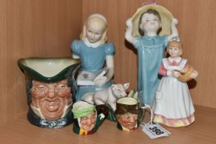 FOUR ROYAL DOULTON FIGURES AND THREE CHARACTER JUGS, comprising 'Alice' HN2158, 'Make Believe'