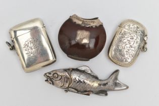 FOUR VESTA CASES, to include two silver Edwardian vestas, one with scrolling acanthus decoration,