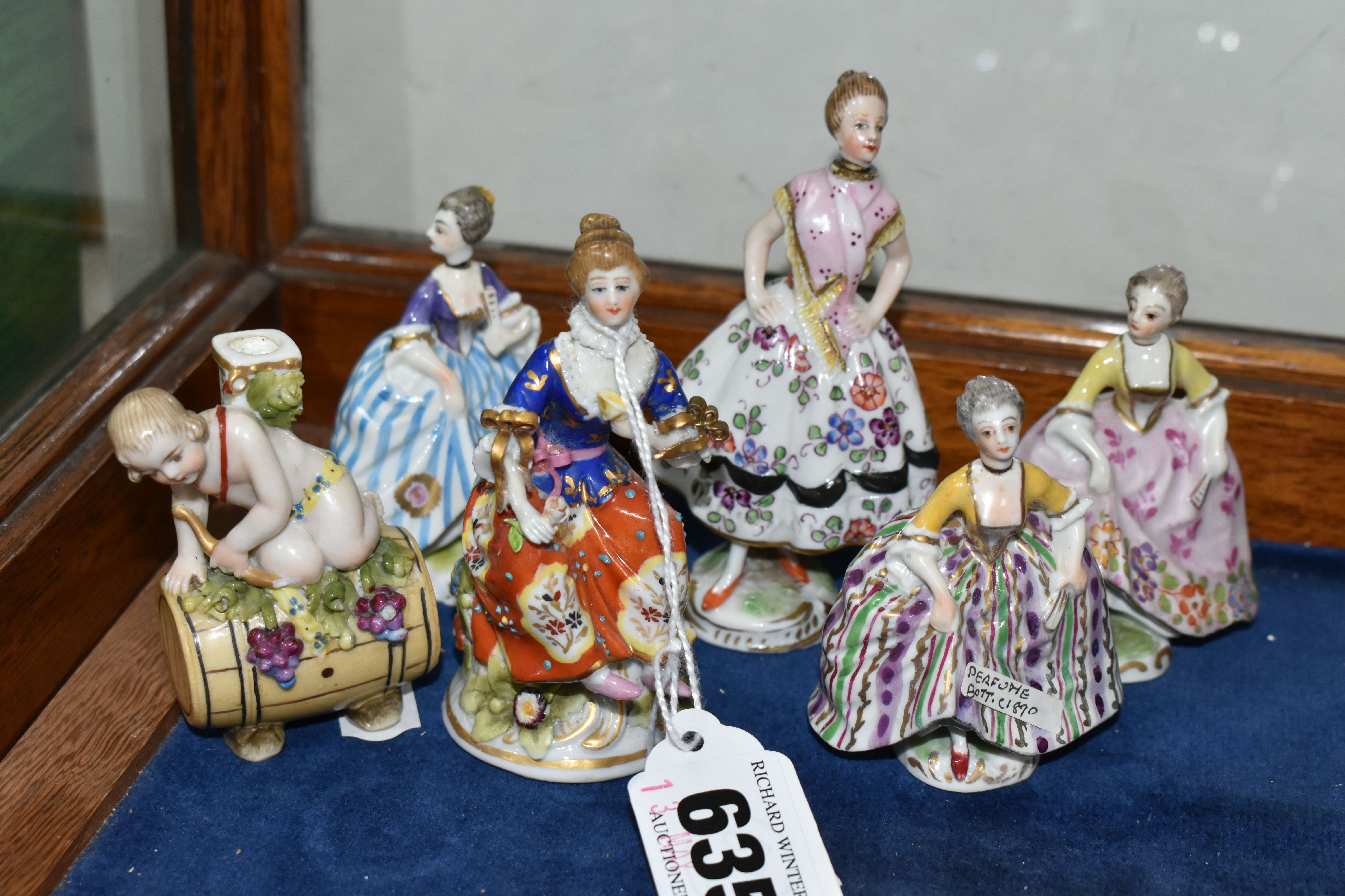 SIX 19TH AND 20TH CENTURY FIGURAL PORCELAIN SCENT BOTTLES, comprising Sitzendorf example of a female
