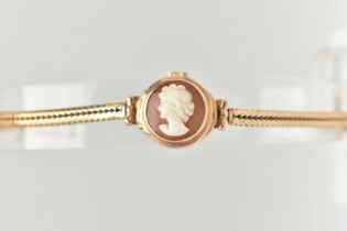 A 9CT GOLD CAMEO WRISTWATCH, hand wound movement, round white dial, signed 'Rotary maximus' 21