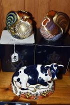 A ROYAL CROWN DERBY IMARI PAPERWEIGHT FRIESIAN COW 'BUTTERCUP' AND TWO BOXED 'FARMYARD COCKERELS',