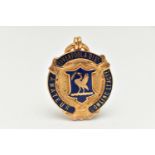 A 9CT GOLD ENAMEL FOB MEDAL, circular form with blue enamel detail, inscribed 'Liverpool & Dist,