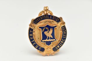 A 9CT GOLD ENAMEL FOB MEDAL, circular form with blue enamel detail, inscribed 'Liverpool & Dist,