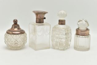 FOUR SILVER TOPPED GLASS JARS, glass scent bottle with stopper and silver collar, hallmarked London,