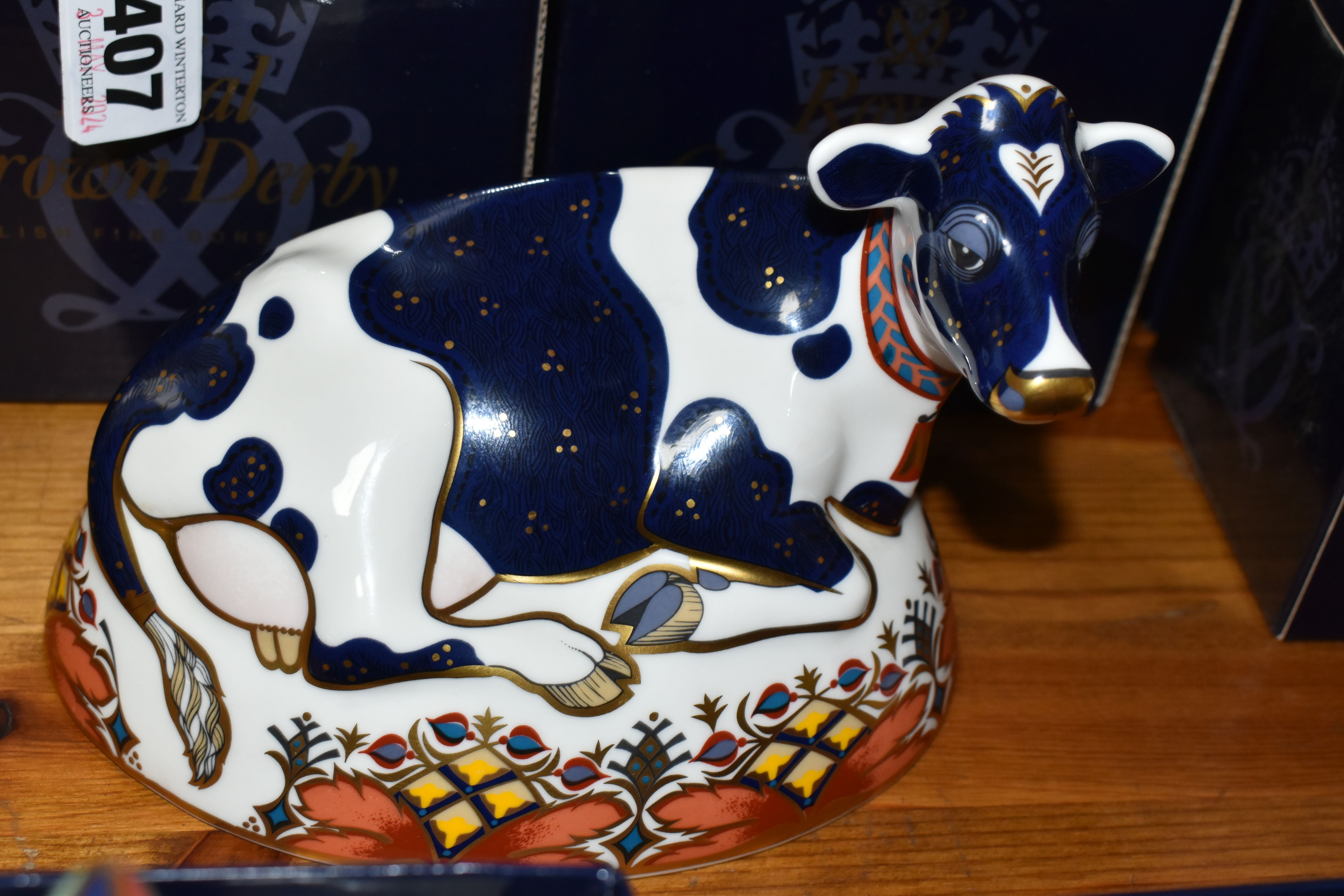 A ROYAL CROWN DERBY IMARI PAPERWEIGHT FRIESIAN COW 'BUTTERCUP' AND TWO BOXED 'FARMYARD COCKERELS', - Image 2 of 6