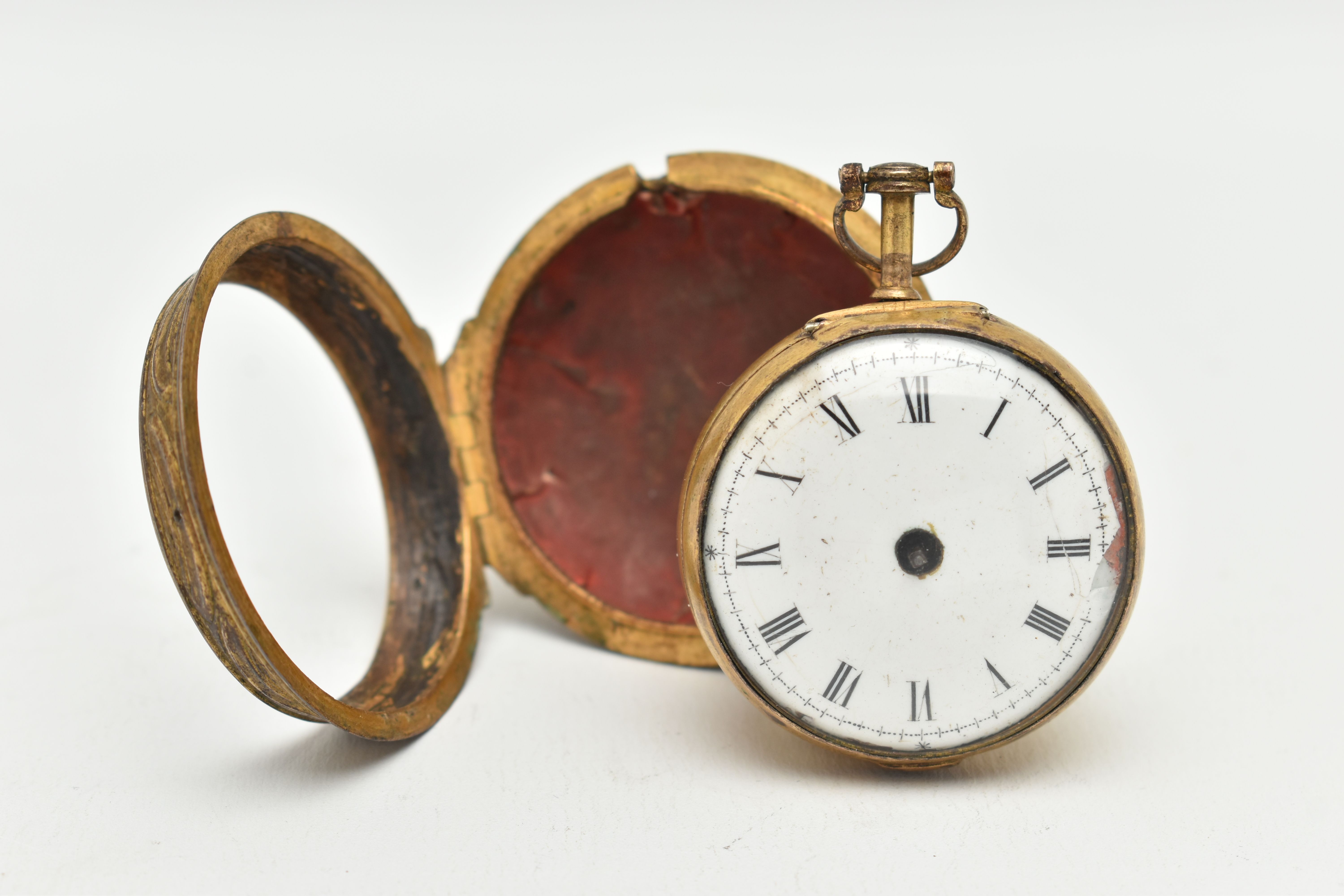 A GILT METAL PAIR CASE, OPEN FACE POCKET WATCH, key wound, round white dial, Roman numerals, missing - Image 3 of 7