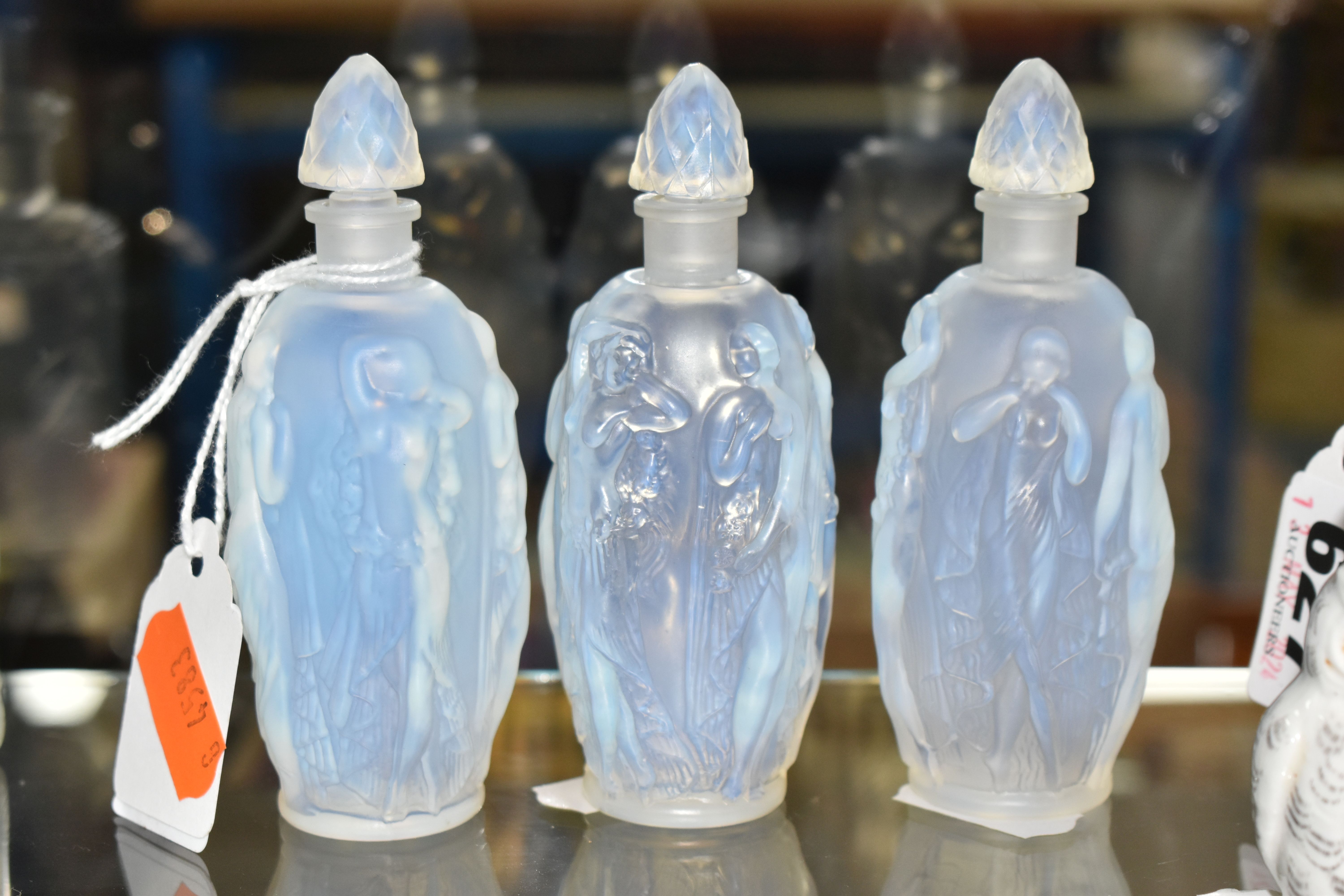 THREE SABINO OPALESCENT SCENT BOTTLES, each having the same moulded design of Neo-Classical female - Image 3 of 3