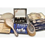 A BOX OF ASSORTED SILVER AND WHITE METAL WARE, to include a silver hammer effect hand held vanity