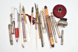 A BOX OF ASSORTED PENCILS AND QUILLS, to include a propelling pencil, stamped sterling, fitted