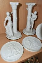 A PAIR OF FRANKLIN MINT CANDLESTICKS AND THREE ROYAL COPENHAGEN PLAQUES, the porcelain figural