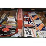 TWO BOXES OF VINTAGE ADVERTISING PACKAGING AND BOXES, to include a circular tin Fullers beer tray,