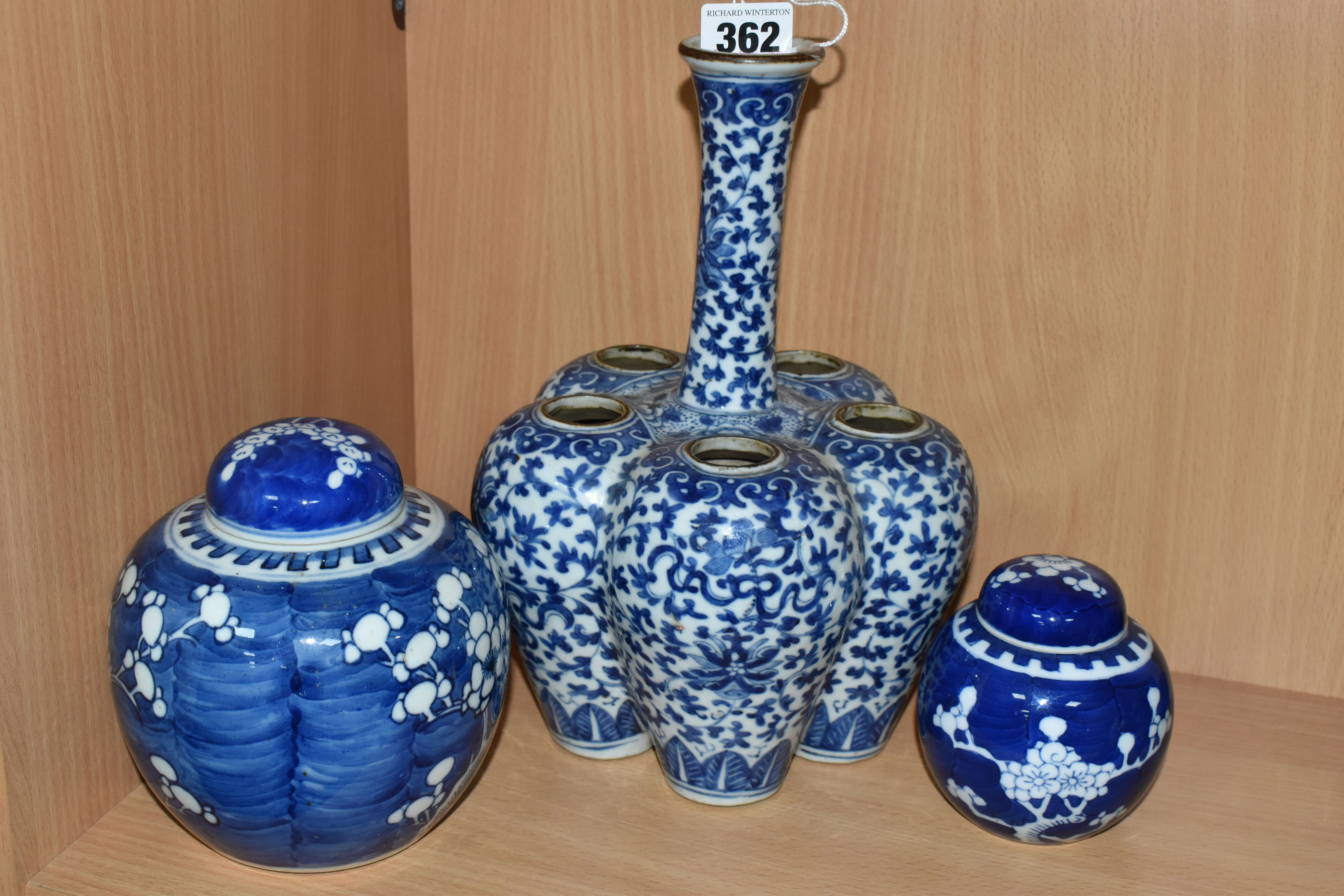 A CHINESE BULB POT AND TWO COVERED GINGER JARS, the bulb pot of five lobed form, painted with