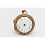 A GILT METAL PAIR CASE, OPEN FACE POCKET WATCH, key wound, round white dial, Roman numerals, missing