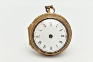 A GILT METAL PAIR CASE, OPEN FACE POCKET WATCH, key wound, round white dial, Roman numerals, missing