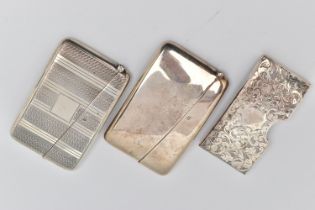 THREE LATE 19TH TO EARLY 20TH CENTURY SILVER CARD CASES, all of rectangular outline, two with hinged