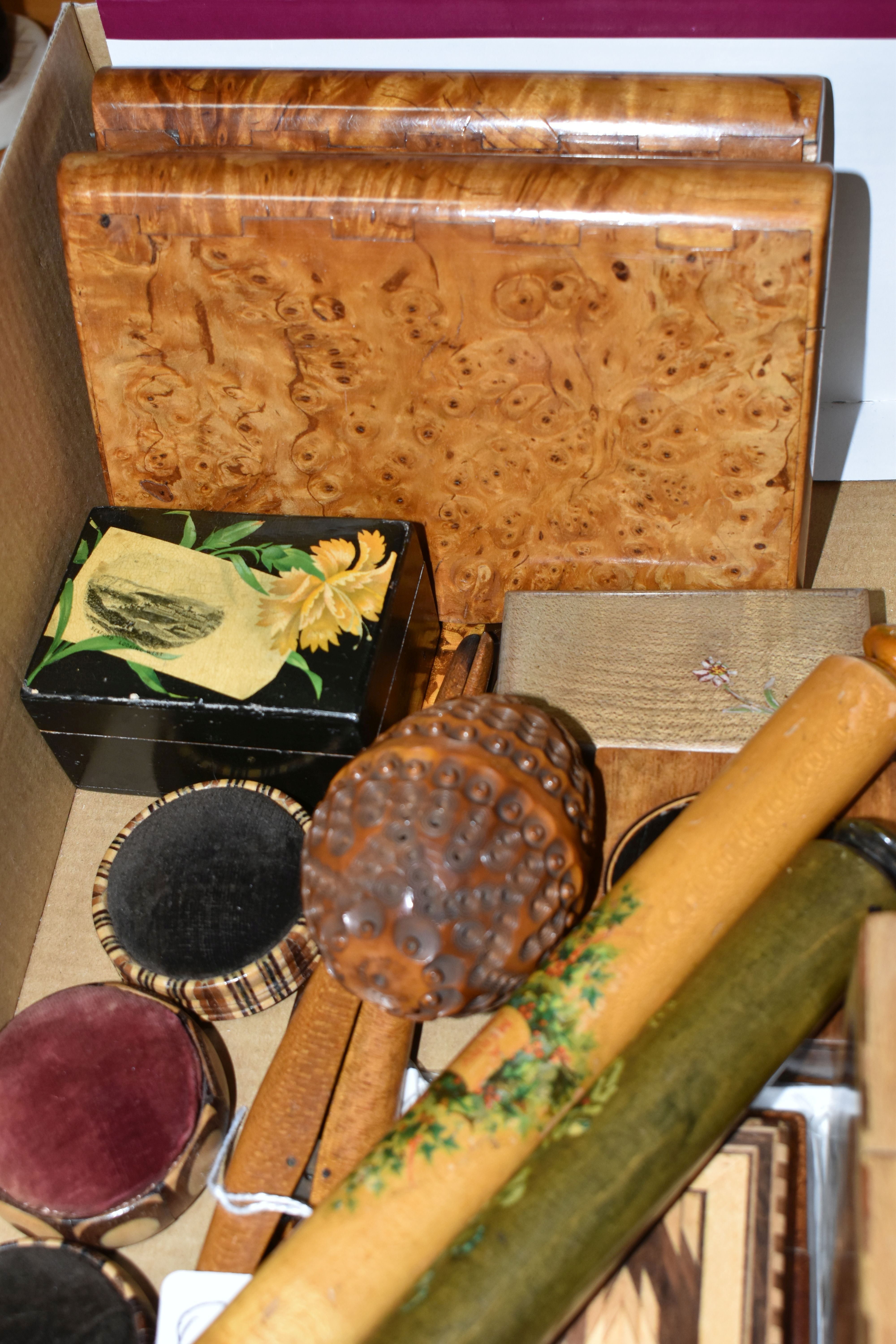 A BOX OF TREEN, to include a Coquilla nut sewing case (two small splits), pin cushions, three card - Image 2 of 4